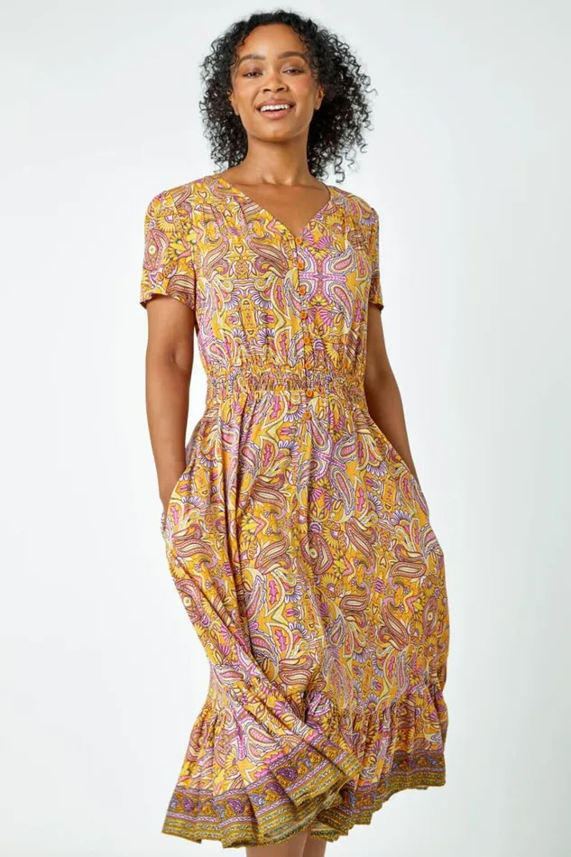Women Yellow Petite Paisley Frill Midi Dress Roman Dresses