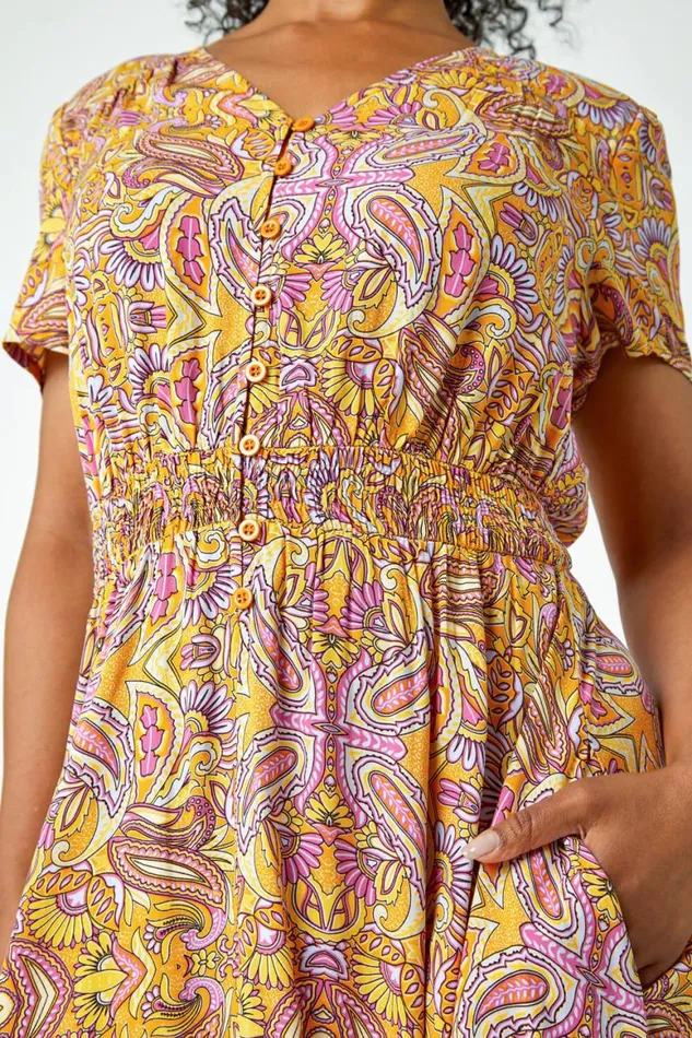 Women Yellow Petite Paisley Frill Midi Dress Roman Dresses