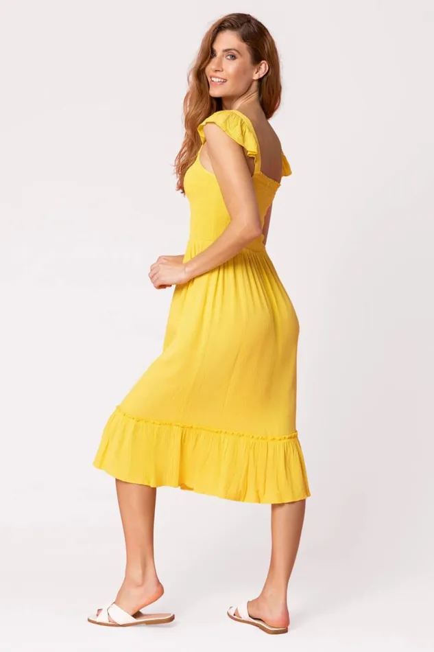 Women Yellow Shirred Bodice Frill Detail Midi Dress Roman Dresses