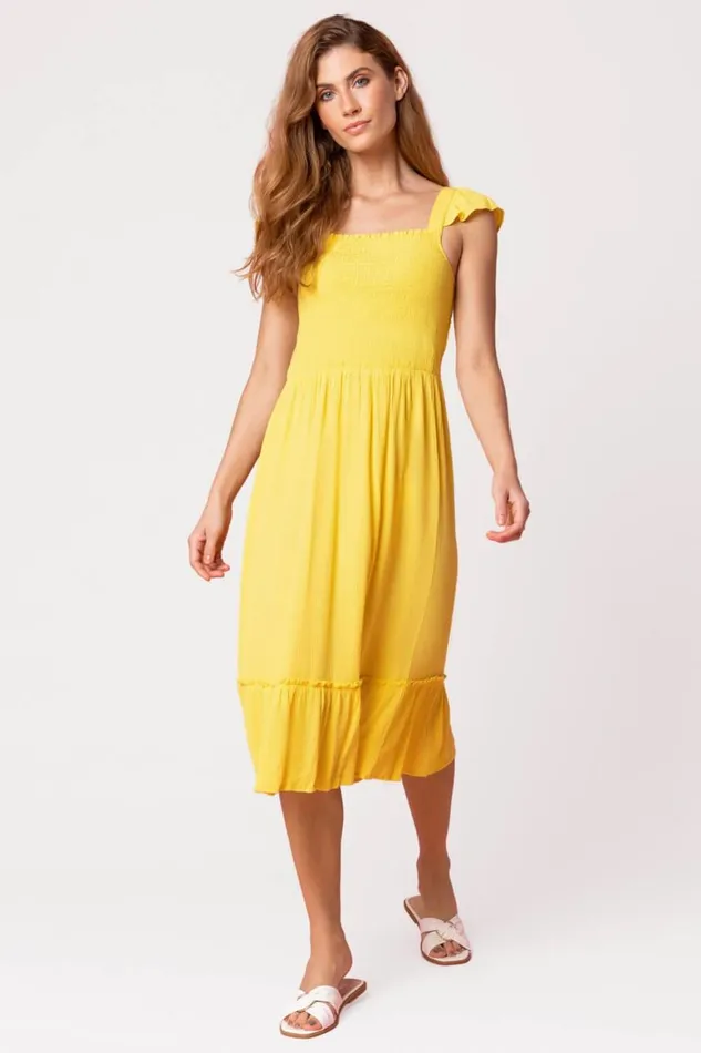 Women Yellow Shirred Bodice Frill Detail Midi Dress Roman Dresses