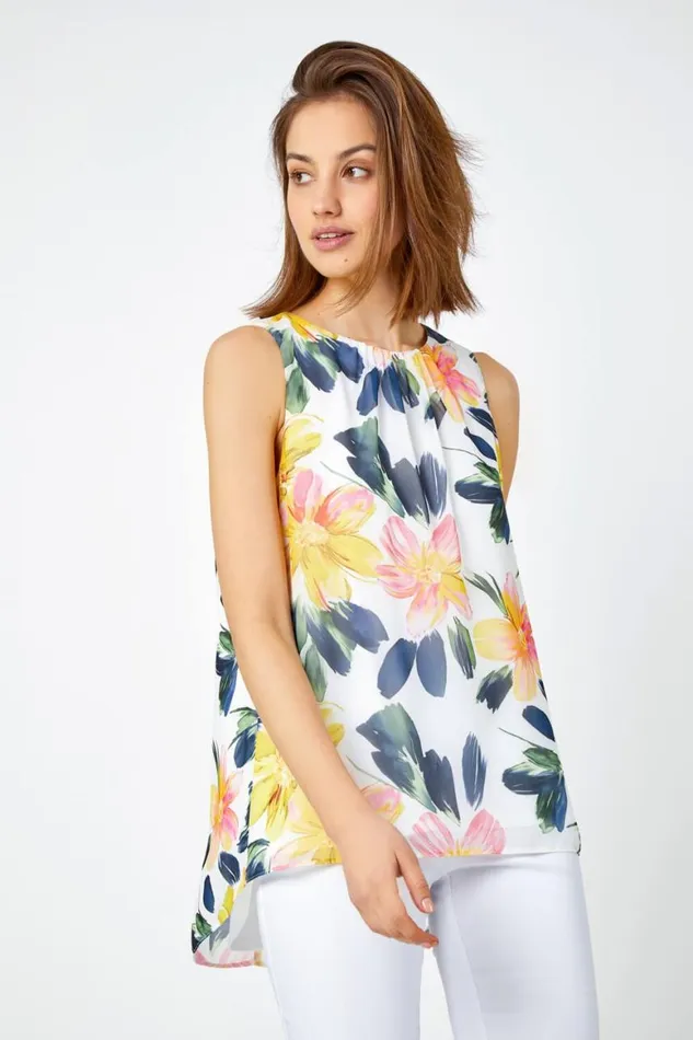 Women Yellow Sleeveless Floral Print Chiffon Top Roman Tops