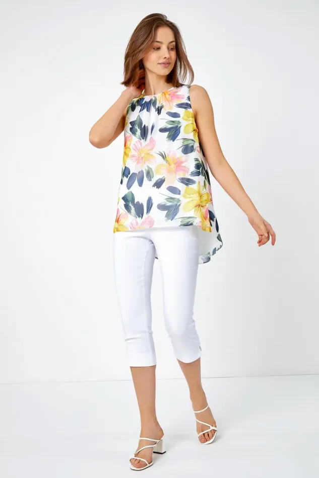 Women Yellow Sleeveless Floral Print Chiffon Top Roman Tops