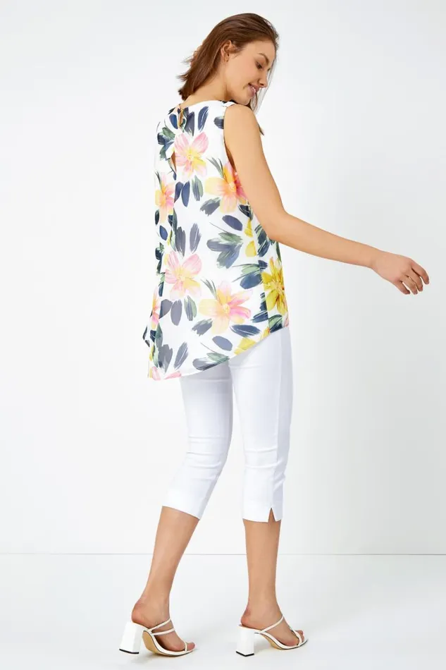 Women Yellow Sleeveless Floral Print Chiffon Top Roman Tops