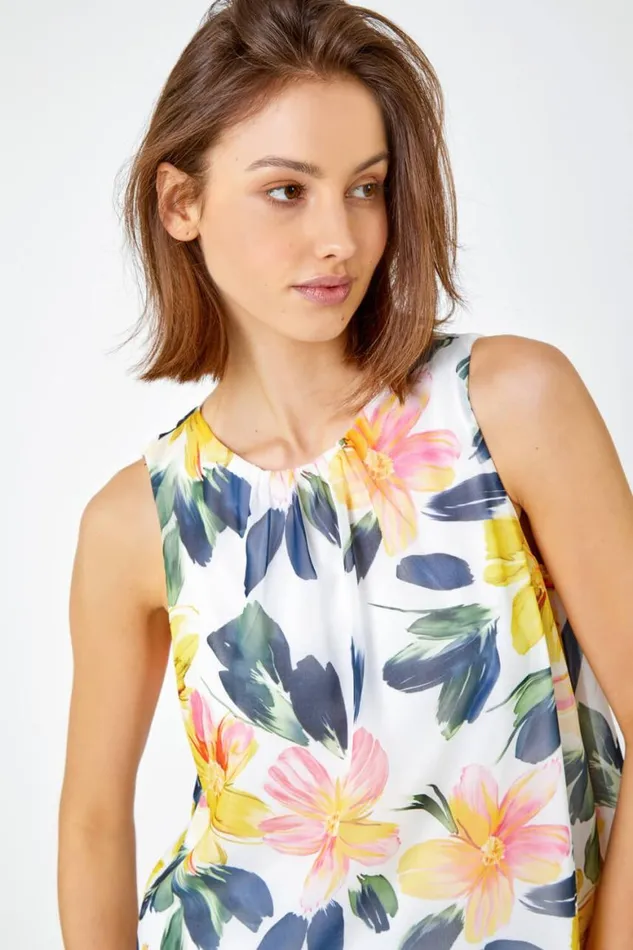 Women Yellow Sleeveless Floral Print Chiffon Top Roman Tops