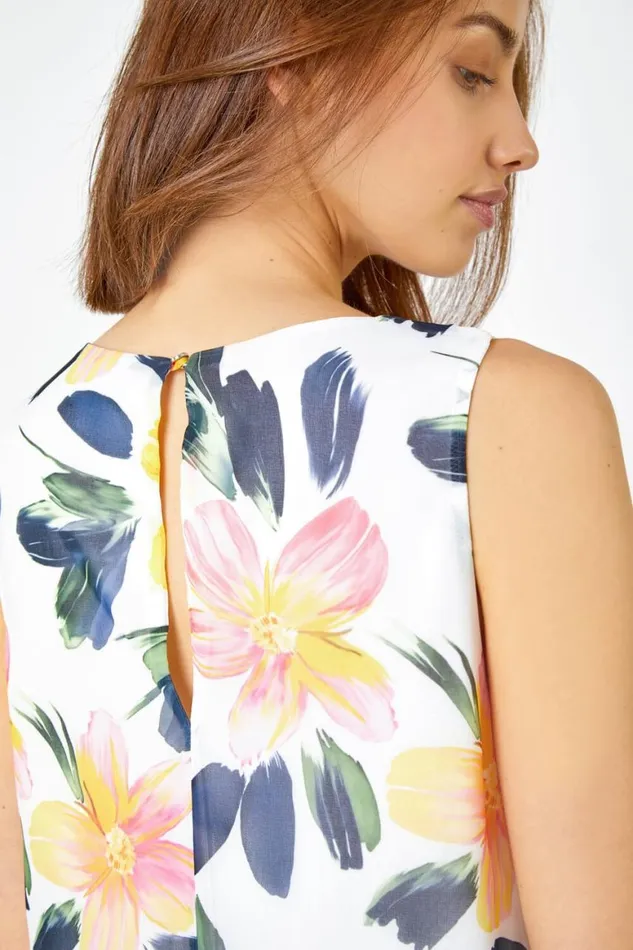 Women Yellow Sleeveless Floral Print Chiffon Top Roman Tops