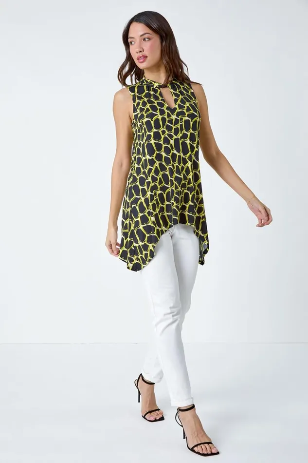 Women Yellow Spot Print Twist Neck Top Roman Tops