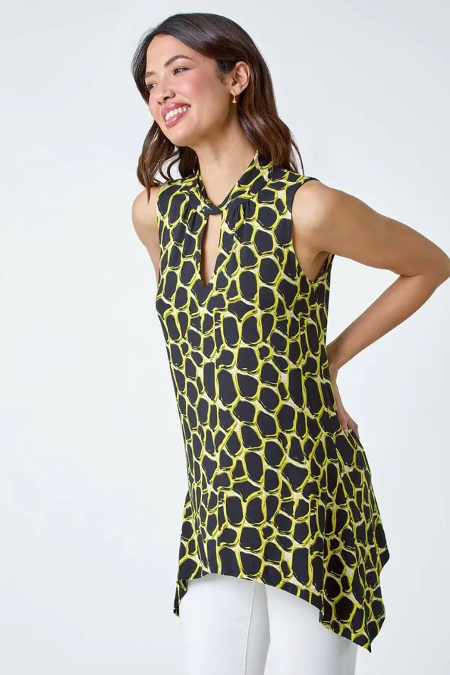 Women Yellow Spot Print Twist Neck Top Roman Tops