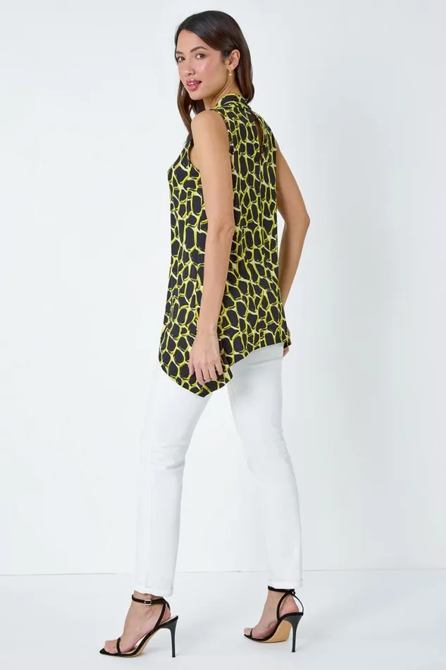 Women Yellow Spot Print Twist Neck Top Roman Tops