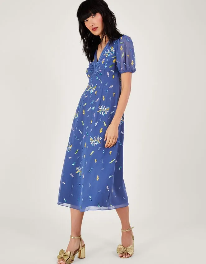 Women Zena Sequin Tea Dress In Recycled Polyester Blue Monsoon Occasionwear