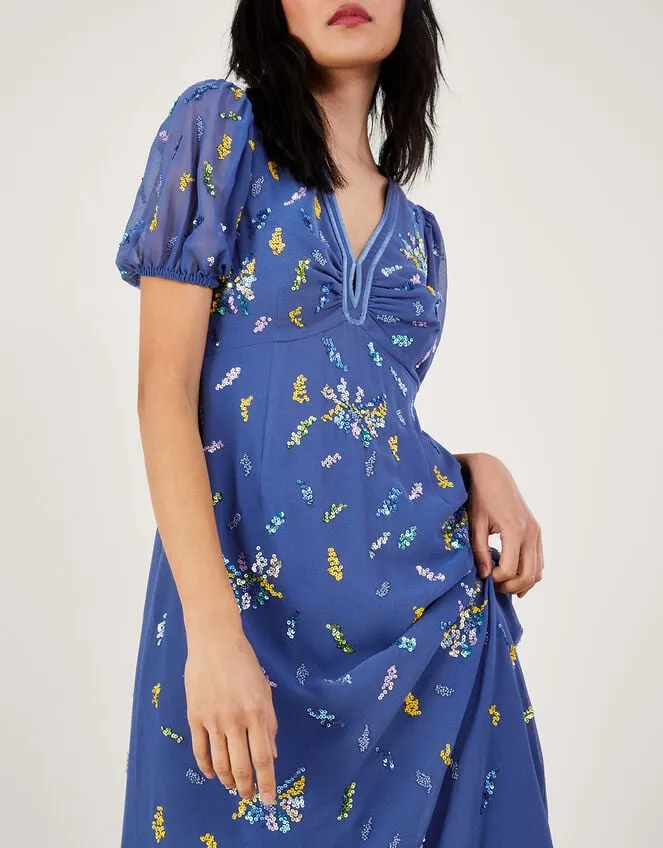 Women Zena Sequin Tea Dress In Recycled Polyester Blue Monsoon Occasionwear