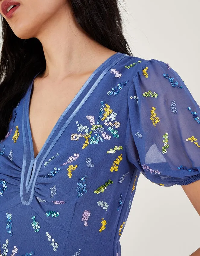 Women Zena Sequin Tea Dress In Recycled Polyester Blue Monsoon Occasionwear