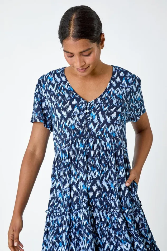 Women Zig Zag Pocket Tiered Smock Dress Roman Dresses