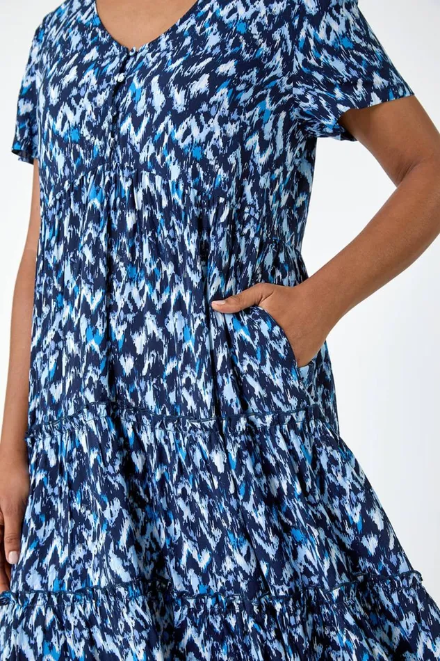 Women Zig Zag Pocket Tiered Smock Dress Roman Dresses