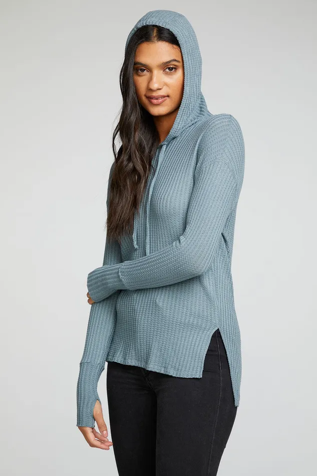 Womens Outerwear Chaser Brand Vintage Thermal Long Sleeve Drop Shoulder Hi Lo Pullover Hoodie