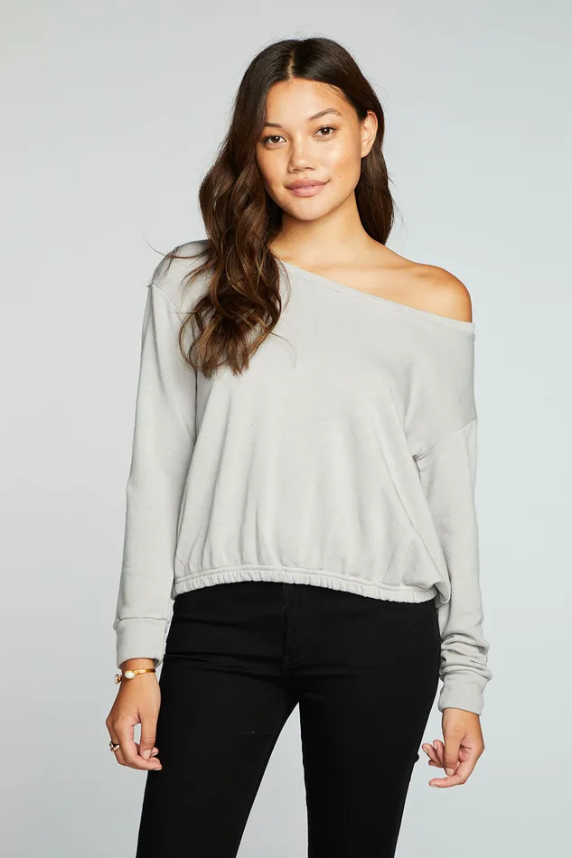 Womens Slub French Terry Long Sleeve Pullover With Shirred Body Hem Tops Chaser Brand