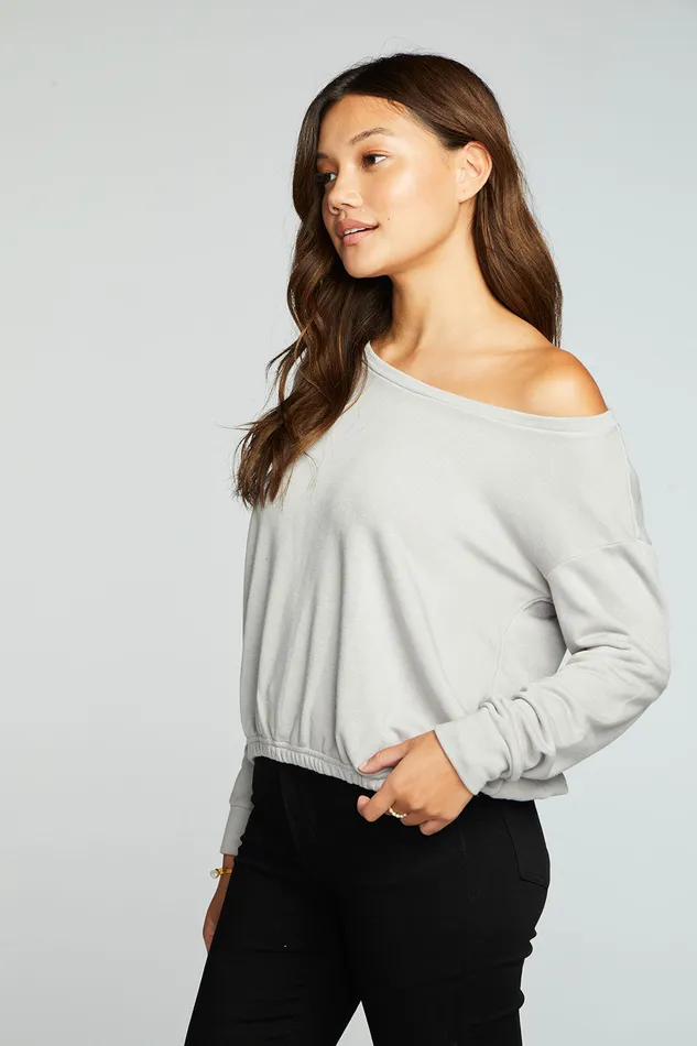 Womens Slub French Terry Long Sleeve Pullover With Shirred Body Hem Tops Chaser Brand