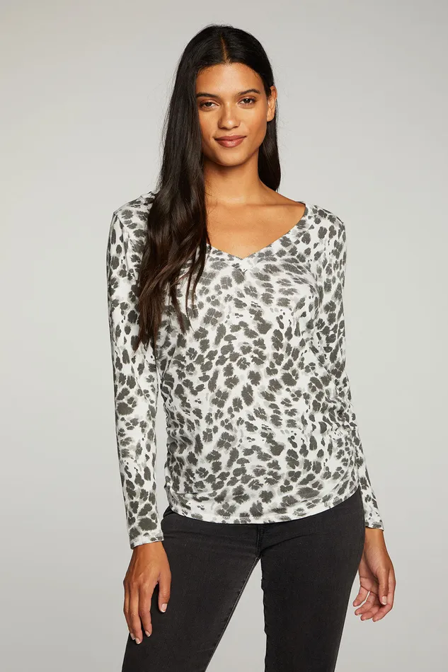Womens Tops Chaser Brand Rpet Vintage Rib Long Sleeve Deep V Neck Tee With Shirring