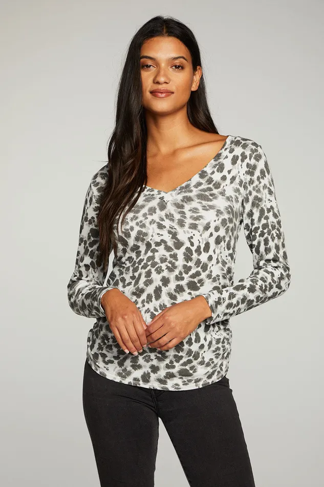 Womens Tops Chaser Brand Rpet Vintage Rib Long Sleeve Deep V Neck Tee With Shirring