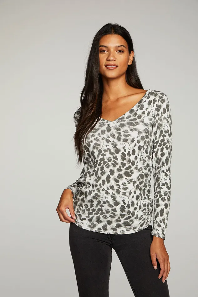 Womens Tops Chaser Brand Rpet Vintage Rib Long Sleeve Deep V Neck Tee With Shirring