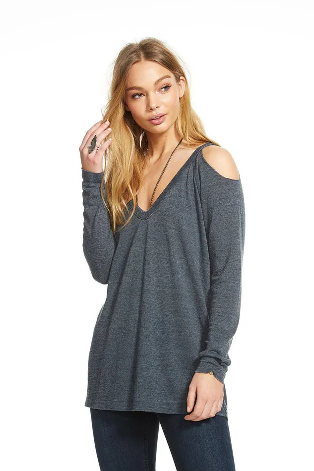 Womens TRIBLEND JERSEY COLD SHOULDER LS V NECK RAGLAN TEE Loungewear Chaser Brand