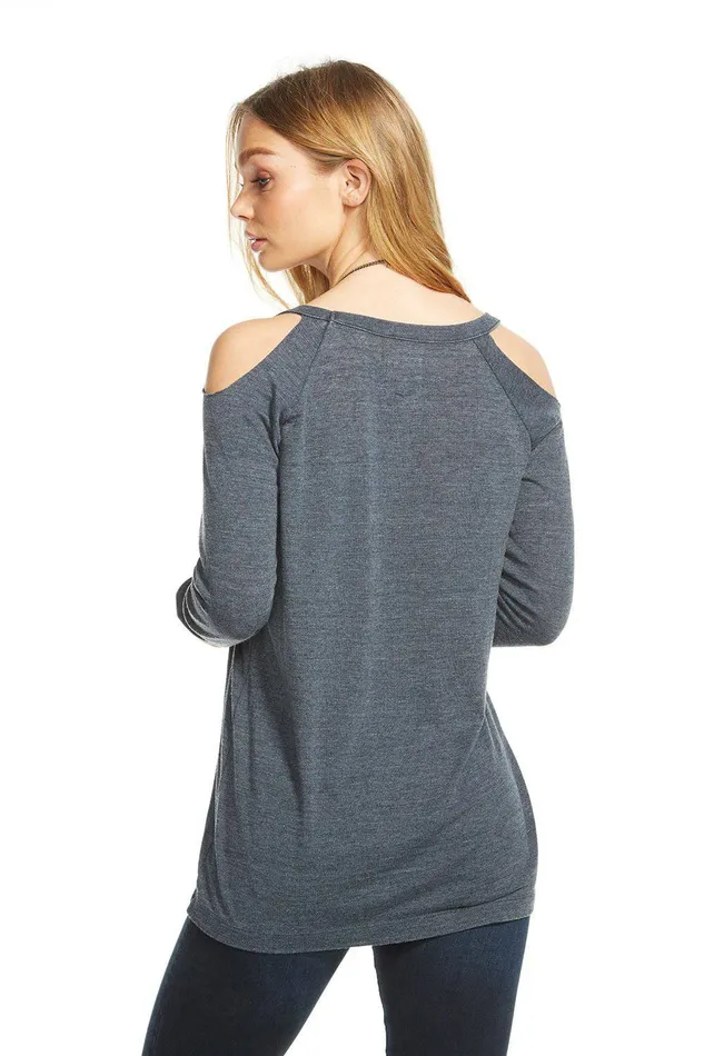 Womens TRIBLEND JERSEY COLD SHOULDER LS V NECK RAGLAN TEE Loungewear Chaser Brand