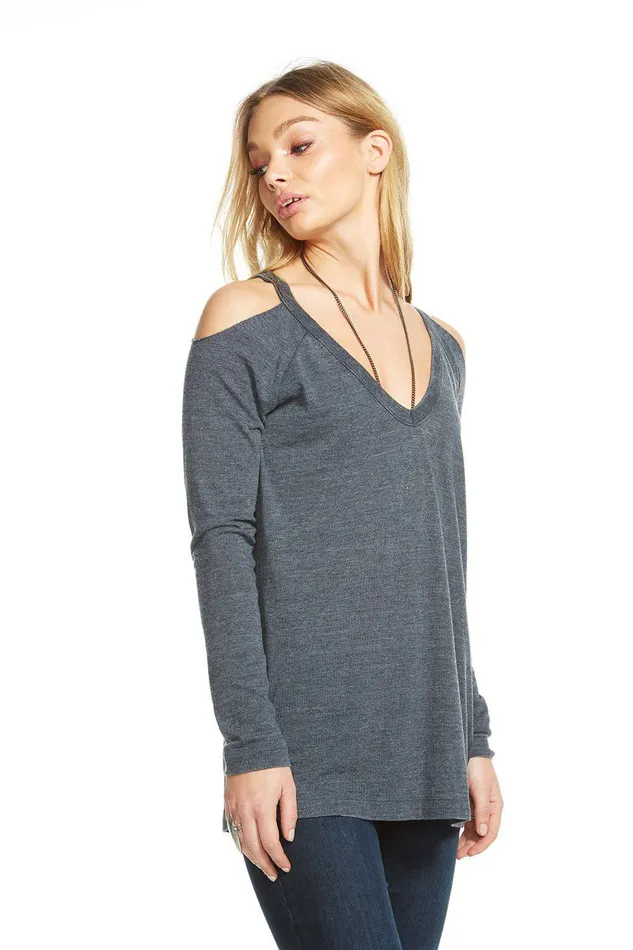 Womens TRIBLEND JERSEY COLD SHOULDER LS V NECK RAGLAN TEE Loungewear Chaser Brand