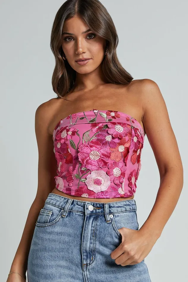 Wren Top 8211 Strapless Garden Flowers Corset Top In Magenta Women Showpo Tops
