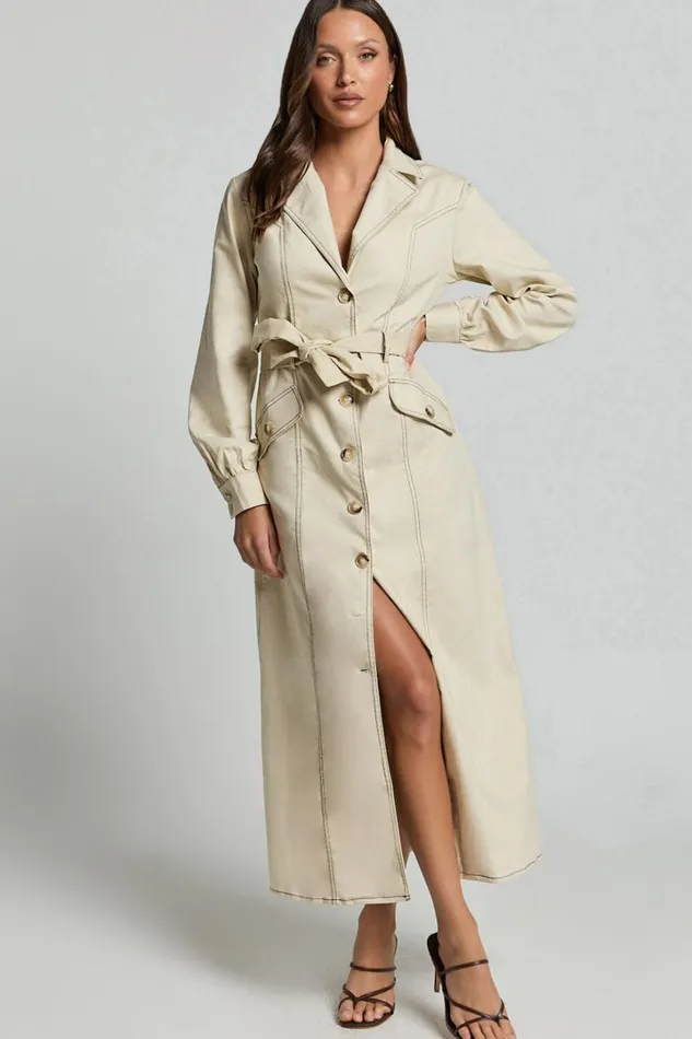 Yelena Midi Dress 8211 Button Up Collared Belted Long Sleeve Dress In Natural Women Showpo Dresses Yelena Midi Dress 8211 Button Up Collared Belted Long Sleeve Dress In Natural Women Showpo Dresses