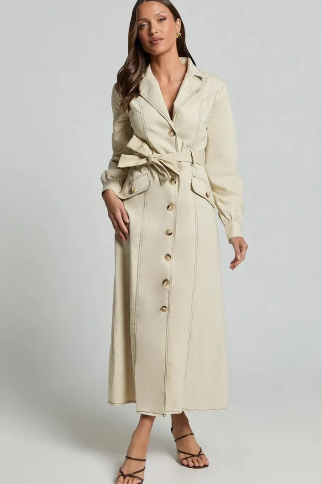 Yelena Midi Dress 8211 Button Up Collared Belted Long Sleeve Dress In Natural Women Showpo Dresses