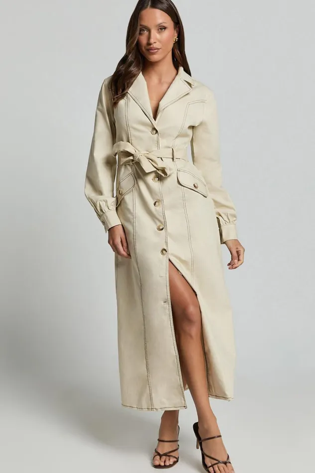 Yelena Midi Dress 8211 Button Up Collared Belted Long Sleeve Dress In Natural Women Showpo Dresses