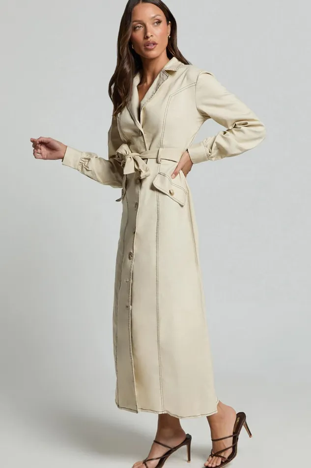 Yelena Midi Dress 8211 Button Up Collared Belted Long Sleeve Dress In Natural Women Showpo Dresses
