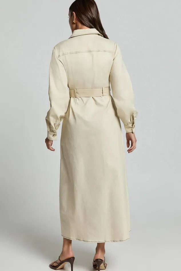 Yelena Midi Dress 8211 Button Up Collared Belted Long Sleeve Dress In Natural Women Showpo Dresses