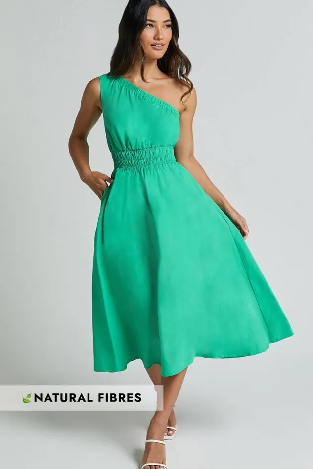 Yulia Midi Dress 8211 One Shoulder Shirred Waist Dress In Green Women Showpo Dresses