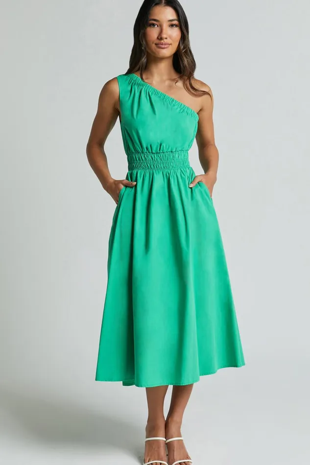 Yulia Midi Dress 8211 One Shoulder Shirred Waist Dress In Green Women Showpo Dresses