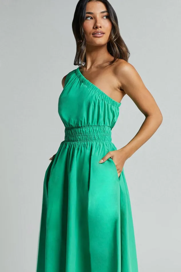 Yulia Midi Dress 8211 One Shoulder Shirred Waist Dress In Green Women Showpo Dresses