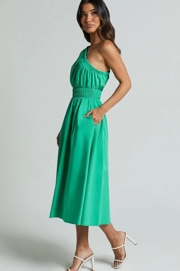 Yulia Midi Dress 8211 One Shoulder Shirred Waist Dress In Green Women Showpo Dresses