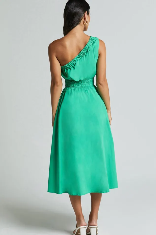 Yulia Midi Dress 8211 One Shoulder Shirred Waist Dress In Green Women Showpo Dresses