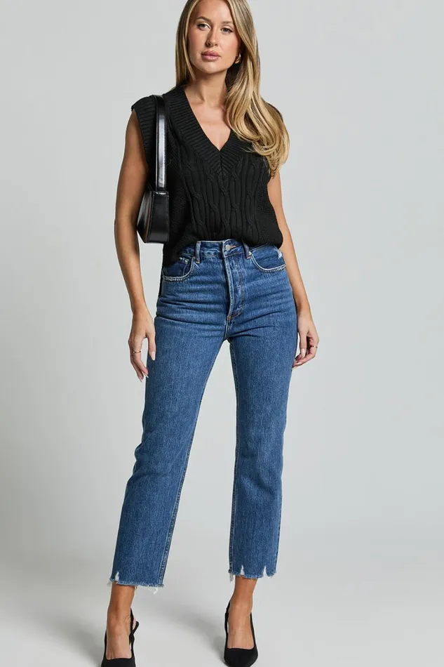 Zelrio Jeans 8211 High Waisted Recycled Cotton Cropped Denim Jeans In Dark Blue Wash Women Showpo Jeans