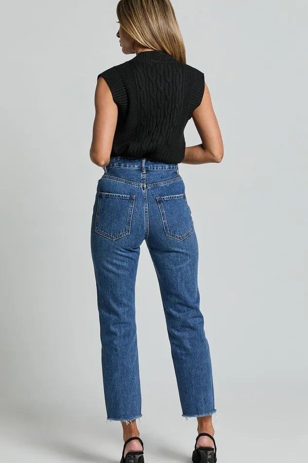 Zelrio Jeans 8211 High Waisted Recycled Cotton Cropped Denim Jeans In Dark Blue Wash Women Showpo Jeans