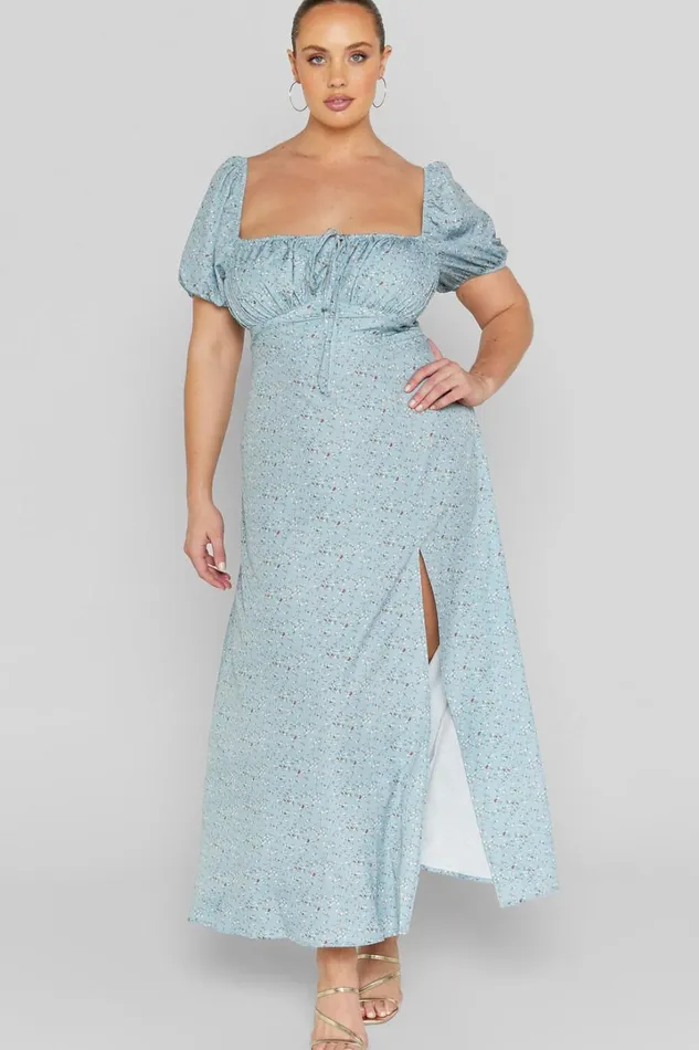 Zenny Midi Dress 8211 Ruched Bust Floral Dress In Light Blue Women Showpo Curve Clothes