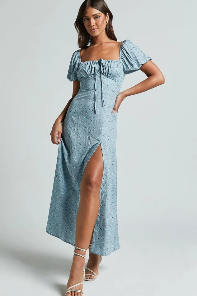 Zenny Midi Dress 8211 Ruched Bust Floral Dress In Light Blue Women Showpo Curve Clothes