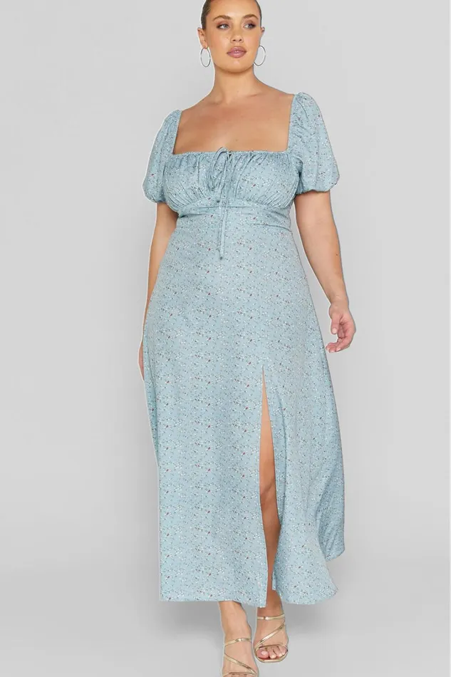 Zenny Midi Dress 8211 Ruched Bust Floral Dress In Light Blue Women Showpo Curve Clothes