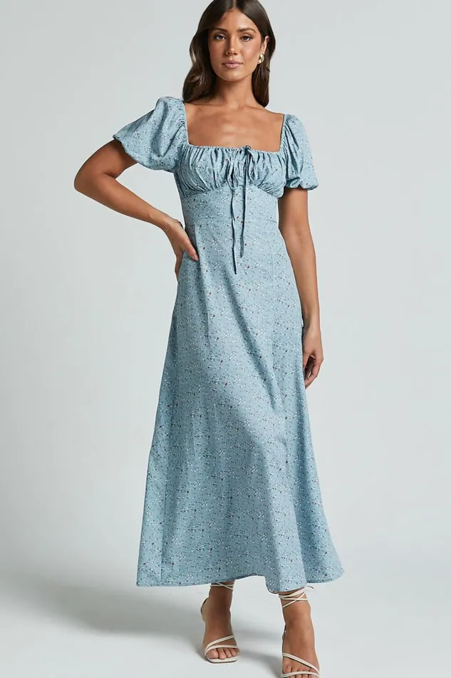 Zenny Midi Dress 8211 Ruched Bust Floral Dress In Light Blue Women Showpo Curve Clothes