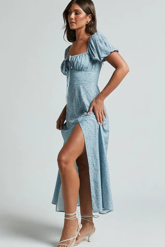 Zenny Midi Dress 8211 Ruched Bust Floral Dress In Light Blue Women Showpo Curve Clothes